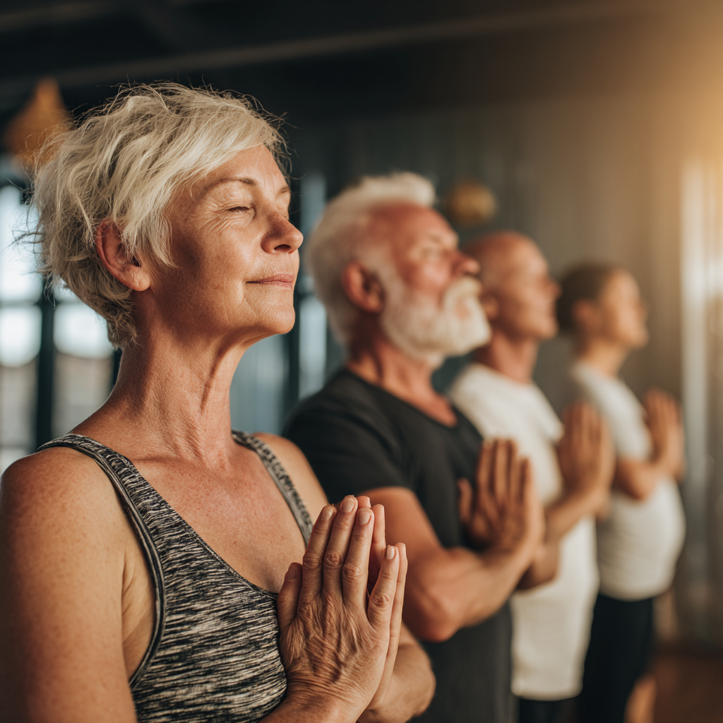 Group of mature adults practicing yoga in bright studio space