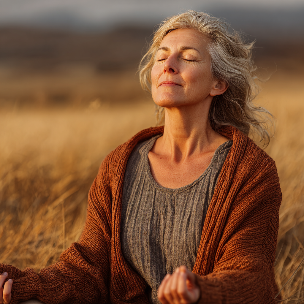 Peaceful middle-aged woman in meditation pose in serene natural setting